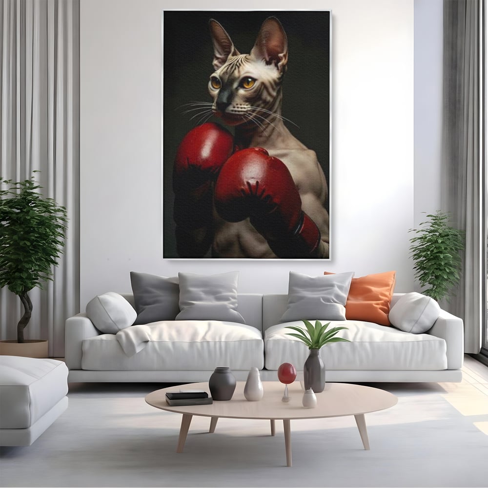 Tablou canvas cu tablou canvas cu motan sphynx boxer, in rama de aluminiu argintiu, pe perete intr-un living